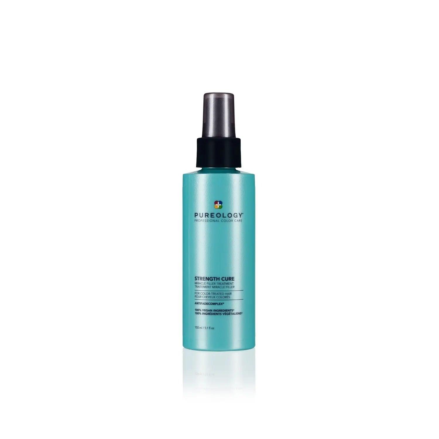 Pureology Strength Cure Miracle Filler Heat Protectant Spray for blonde hair, enhancing strength and shine, detangles and protects against heat.
