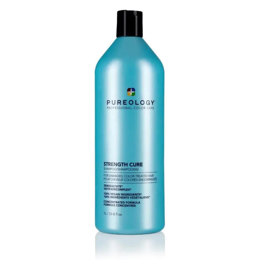 Pureology Strength Cure Shampoo bottle for damaged color-treated hair, sulfate-free, gentle, concentrated formula for soft finish.