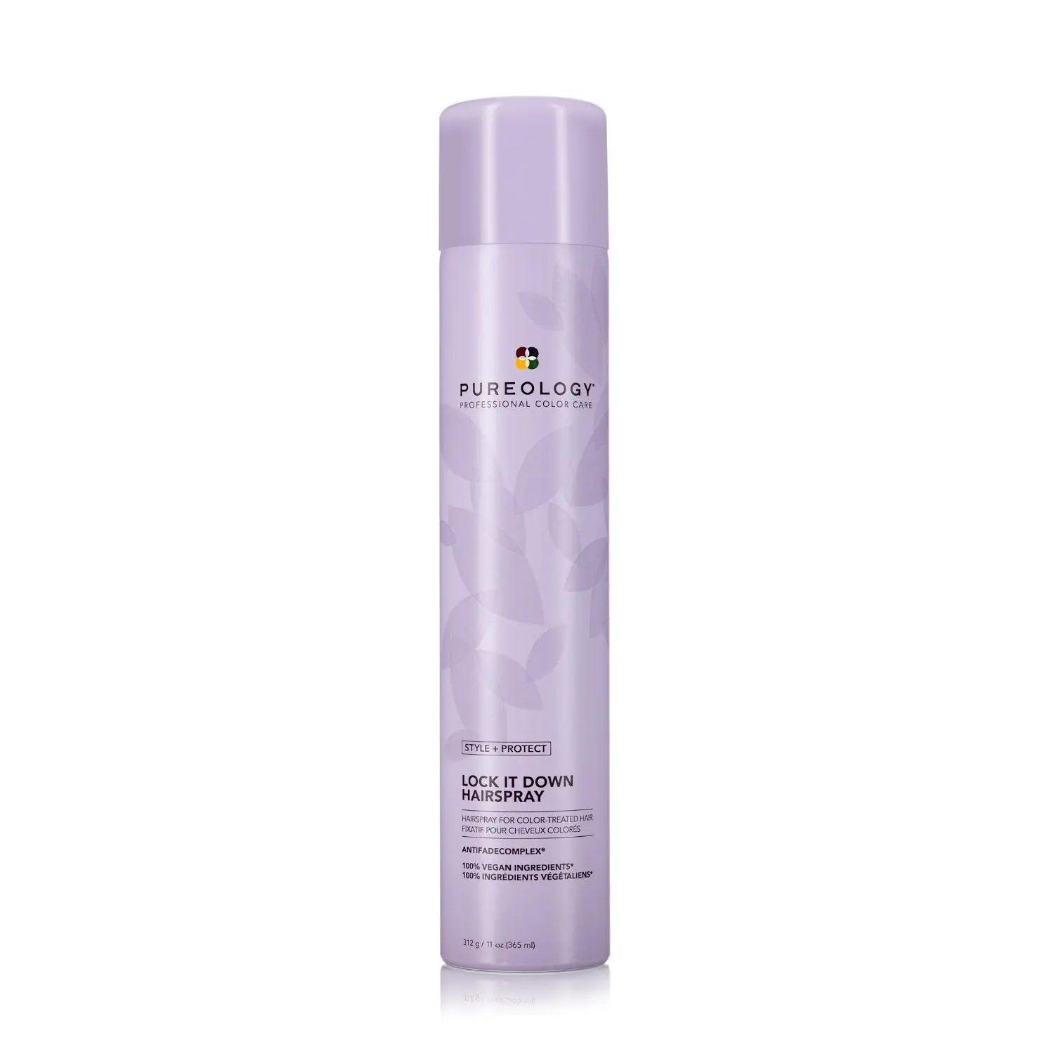 Pureology Style + Protect Lock It Down Hairspray, maximum hold hair spray with olive oil, quick-drying, combats dryness, enhances shine.