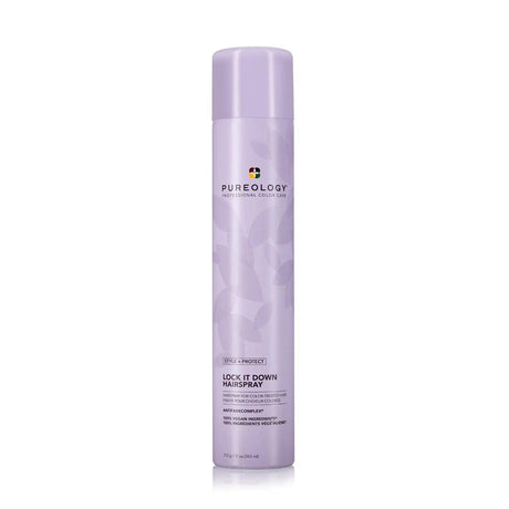 Pureology Style + Protect Lock It Down Hairspray, maximum hold hair spray with olive oil, quick-drying, combats dryness, enhances shine.