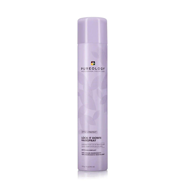 Pureology Style + Protect Lock It Down Hairspray, maximum hold hair spray with olive oil, quick-drying, combats dryness, enhances shine.