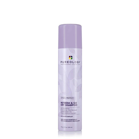 Pureology Refresh & Go Dry Shampoo for color-treated hair, offers soft texture and shine, professional salon-quality styling product.