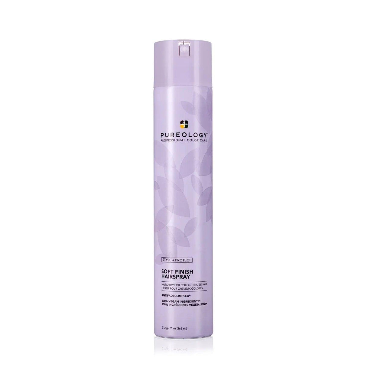 Pureology Style + Protect Soft Finish Hairspray bottle, lightweight and non-drying for brushable, workable hold and shine.