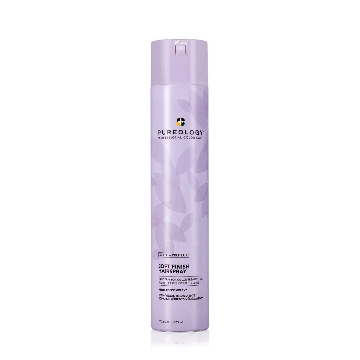 Pureology Style + Protect Soft Finish Hairspray bottle, lightweight and non-drying for brushable, workable hold and shine.