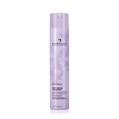Pureology Style + Protect Soft Finish Hairspray bottle, lightweight and non-drying for brushable, workable hold and shine.