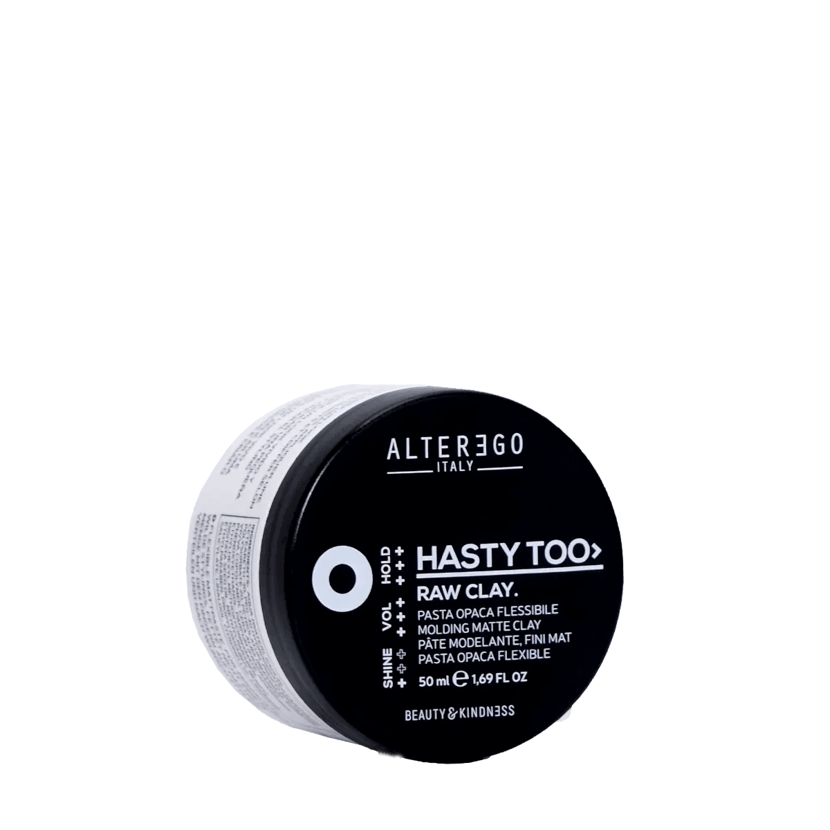 Alter Ego Hasty Too Raw Clay for matte hair styling, 50ml jar for flexible hold and natural finish.