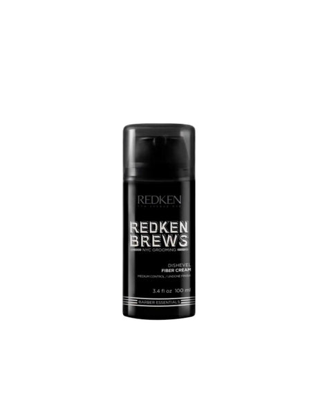 Redken Brews Dishevel Fiber Cream for textured, tousled hair styling in black bottle, suitable for all hair types.