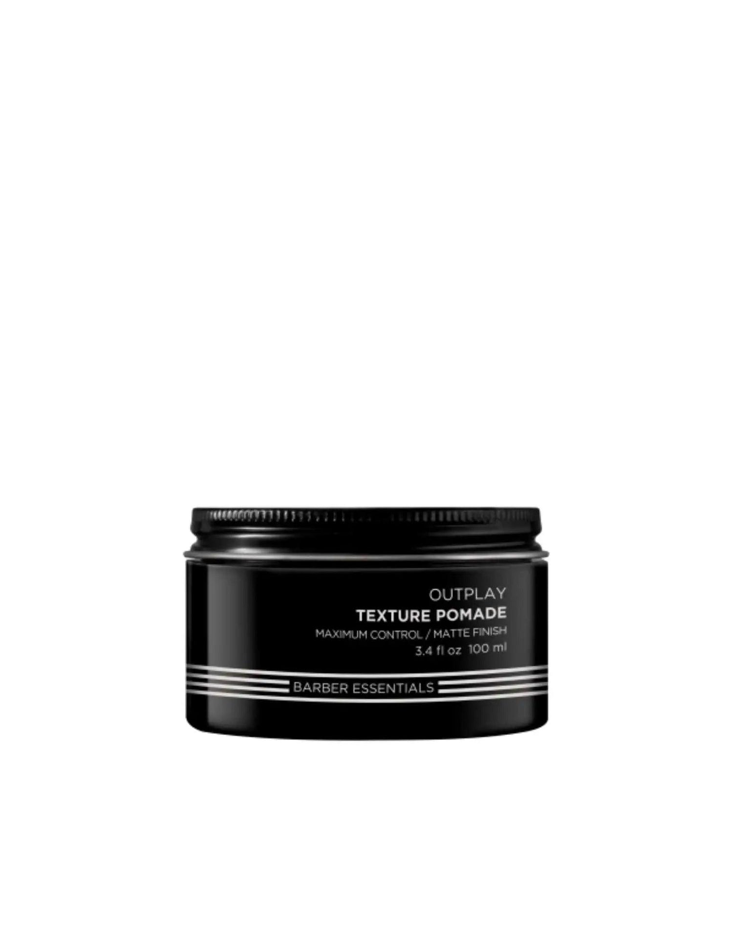Redken Brews Outplay Texture Pomade jar for men's hairstyles, offering texture, definition, and flexible hold for all hair types.