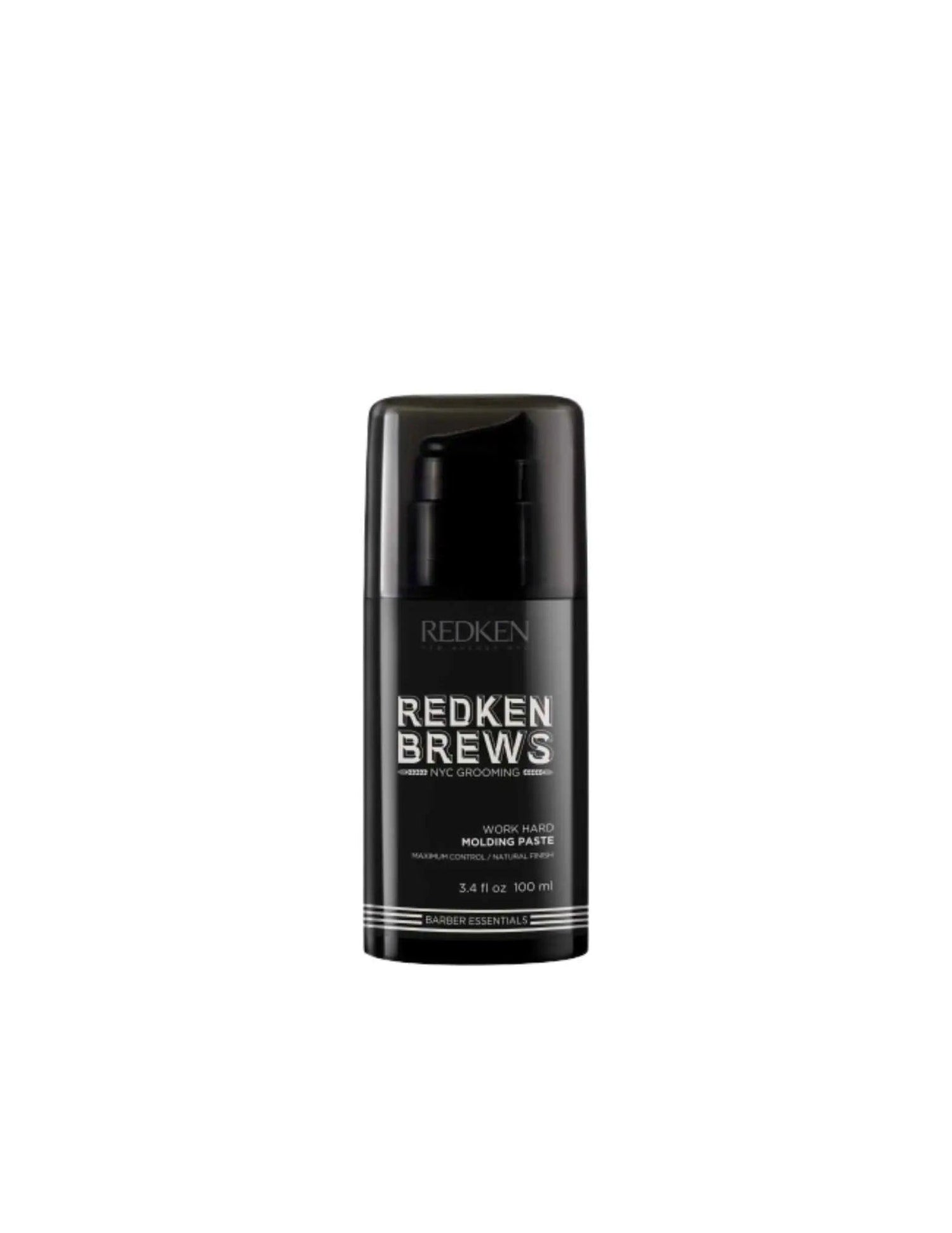 Redken Brews Work Hard Molding Paste bottle for maximum hold and matte finish, suitable for all hair types and textures.