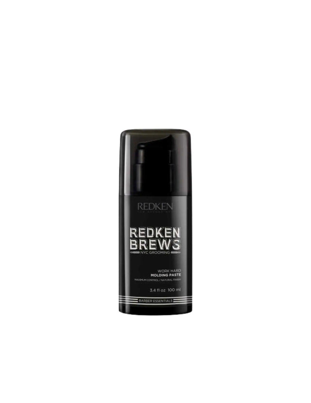 Redken Brews Work Hard Molding Paste bottle for maximum hold and matte finish, suitable for all hair types and textures.