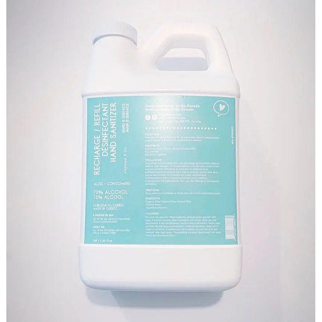 Refill hand sanitizer with aloe and cucumber, 66.5 fl oz bottle, Health Canada certified, effective germ elimination.