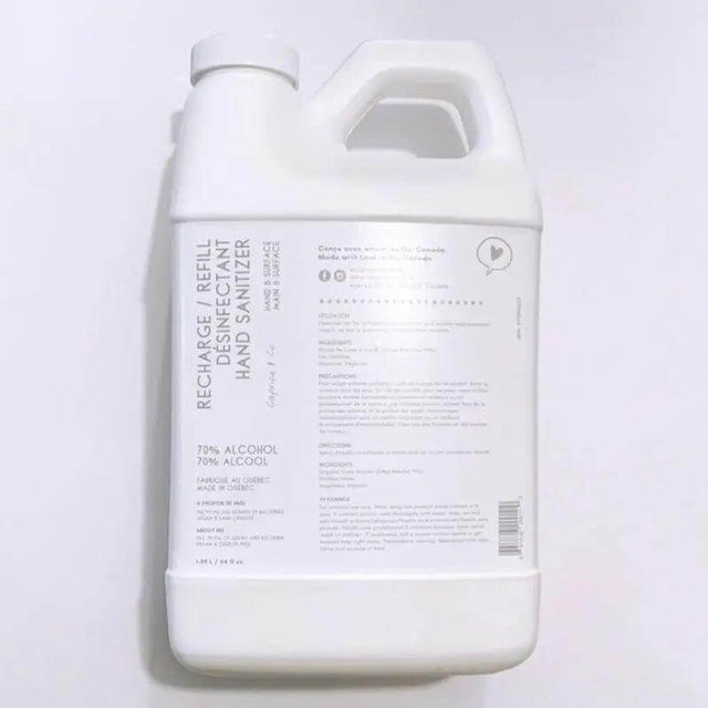 Large refill bottle of natural hand sanitizer, 66.5 fl oz, approved by Health Canada for effective germ elimination.