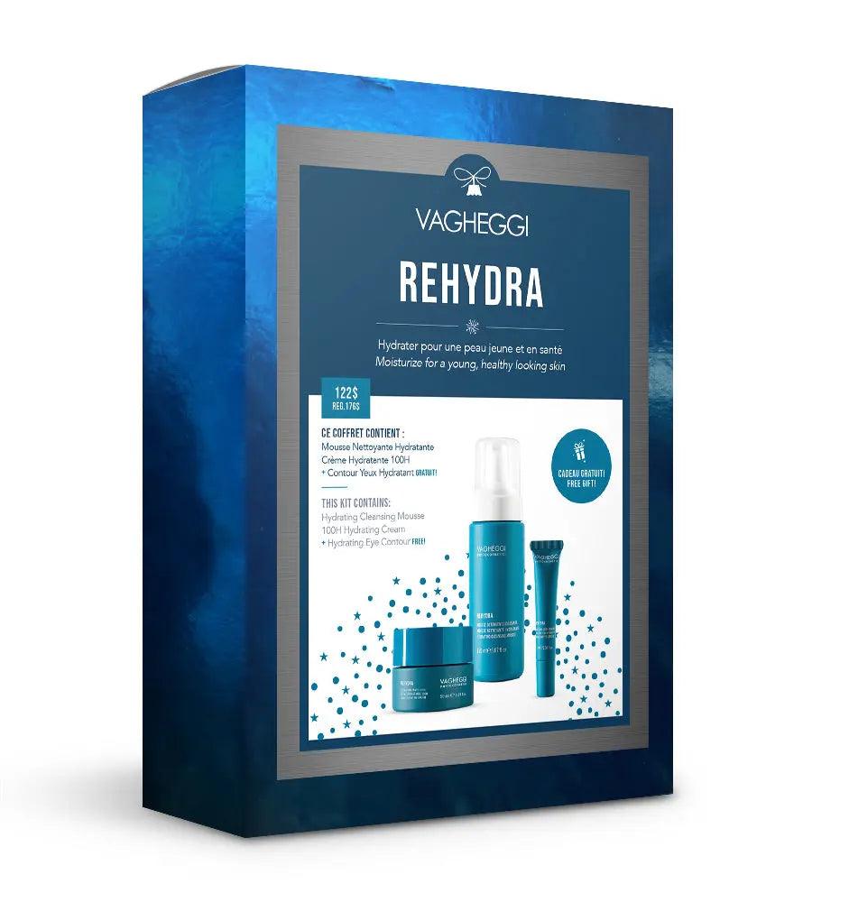 Rehydra Christmas Gift Set with Cleansing Mousse, 100H Moisturizing Cream, and Eye Contour for deep hydration and skincare.