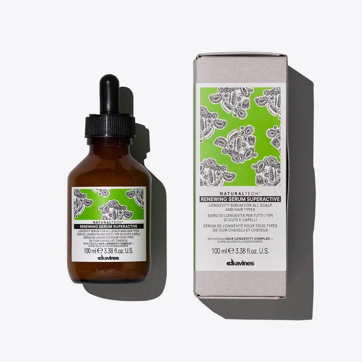Renewing Serum Superactive for scalp and hair longevity, in a 100ml bottle with eco-friendly packaging.