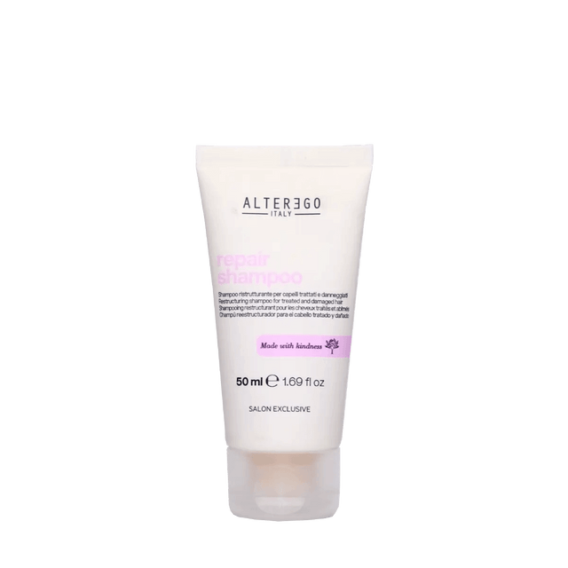 Alter Ego Italy Repair Shampoo 50ml tube for damaged hair, sulphate-free, strengthens hair structure, shiny and healthy results.