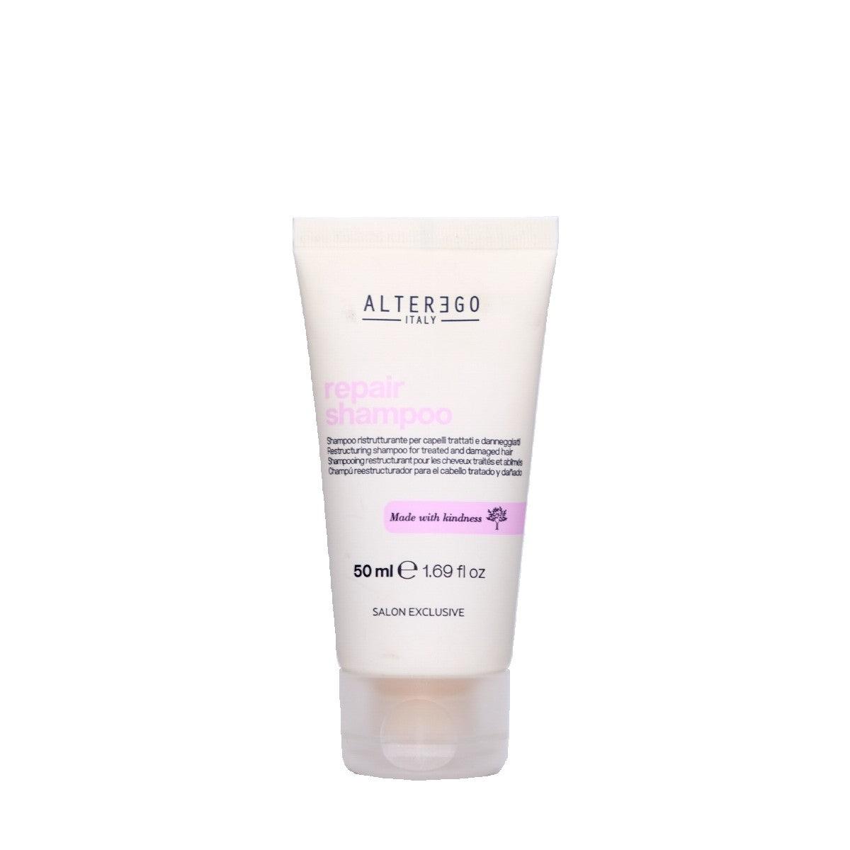 50ml Repair Shampoo bottle for strengthening and protecting hair, free from sulphates, parabens, petrolatum, and silicones.