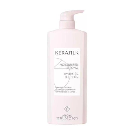 Kerasilk Repairing Shampoo 750ml bottle for damaged hair, strengthens and hydrates, suitable for all hair types.