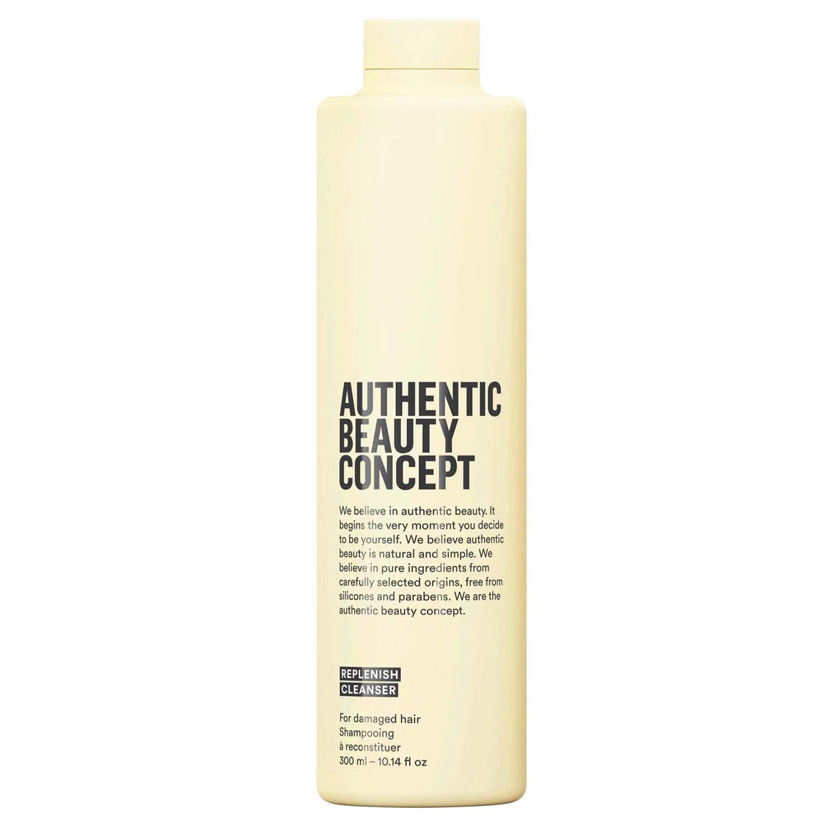 Authentic Beauty Concept Replenish Cleanser bottle for damaged hair, vegan, cruelty-free, silicone-free, 300 ml.