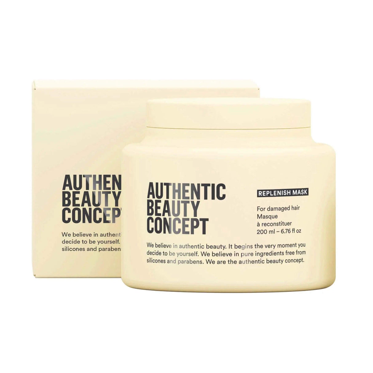 Authentic Beauty Concept Replenish Mask for damaged hair, fortifies hair fibers, vegan, cruelty-free, silicone-free hair treatment.