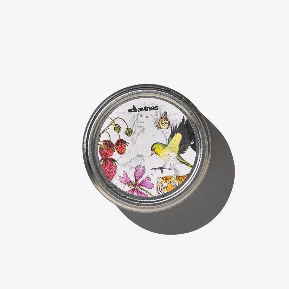 Davines Replenishing Butter jar with nature-inspired design showing birds, flowers, and butterflies for hydrating hair and skin care.