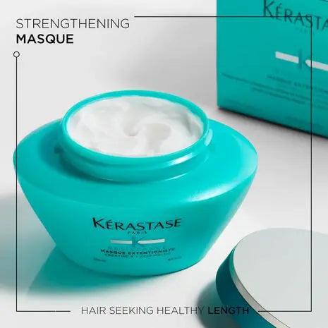 Kérastase Résistance Masque Extentioniste Hair Mask open jar, nourishing and strengthening treatment for healthy hair growth.