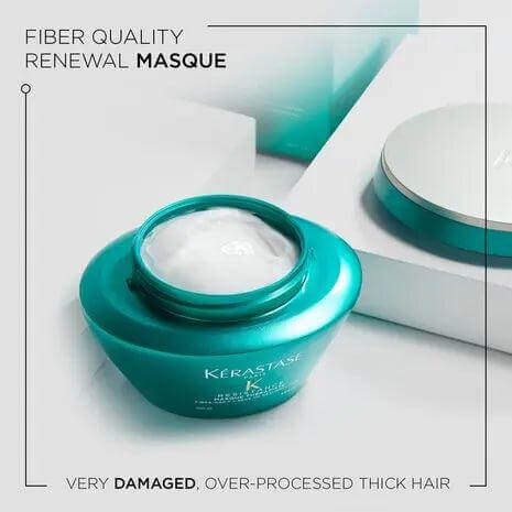 Kerastase Résistance Masque Therapiste for repairing very damaged, over-processed thick hair, shown in turquoise jar.