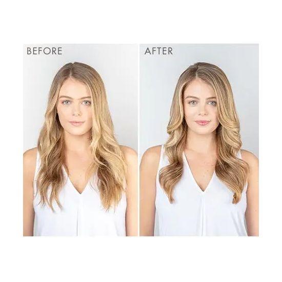Before and after results of using Restorative Repair Hair Mask, showing enhanced shine and health in blonde hair.