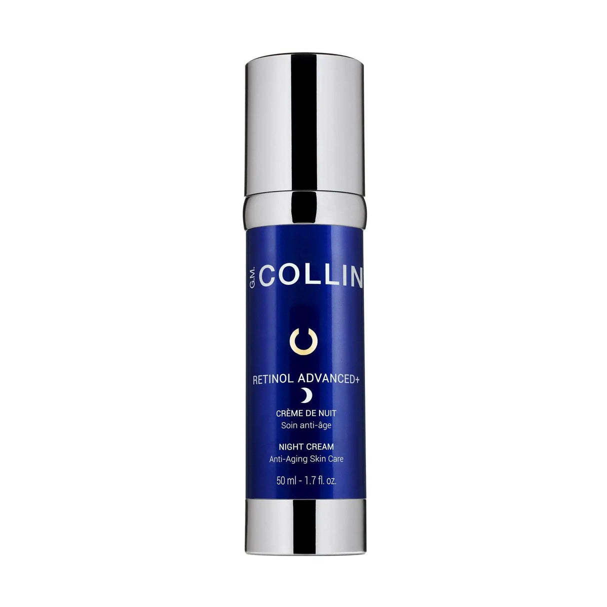 Retinol Advanced + Night Cream bottle, anti-aging skincare solution for wrinkles and dark spots, 50ml blue and silver packaging.