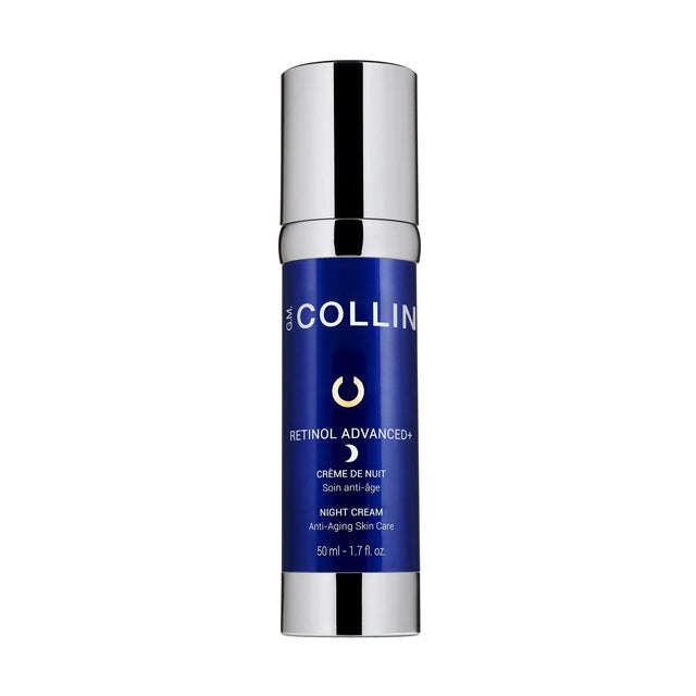 Retinol Advanced + Night Cream bottle, anti-aging skincare solution for wrinkles and dark spots, 50ml blue and silver packaging.