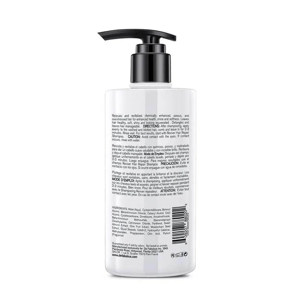 Back view of Reviver Hair Repair Conditioner bottle showing ingredients and instructions.