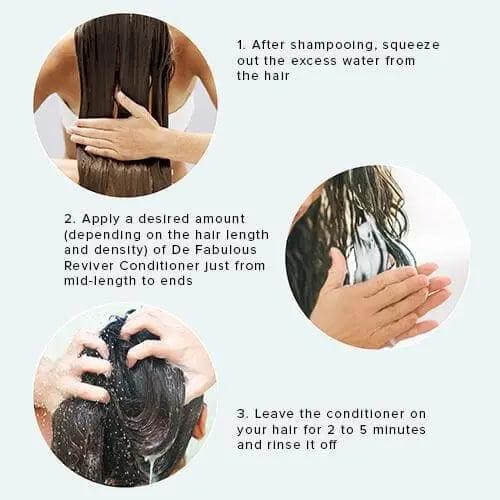 Instructions for applying De Fabulous Reviver Hair Repair Conditioner on wet hair for optimal results and nourishment.