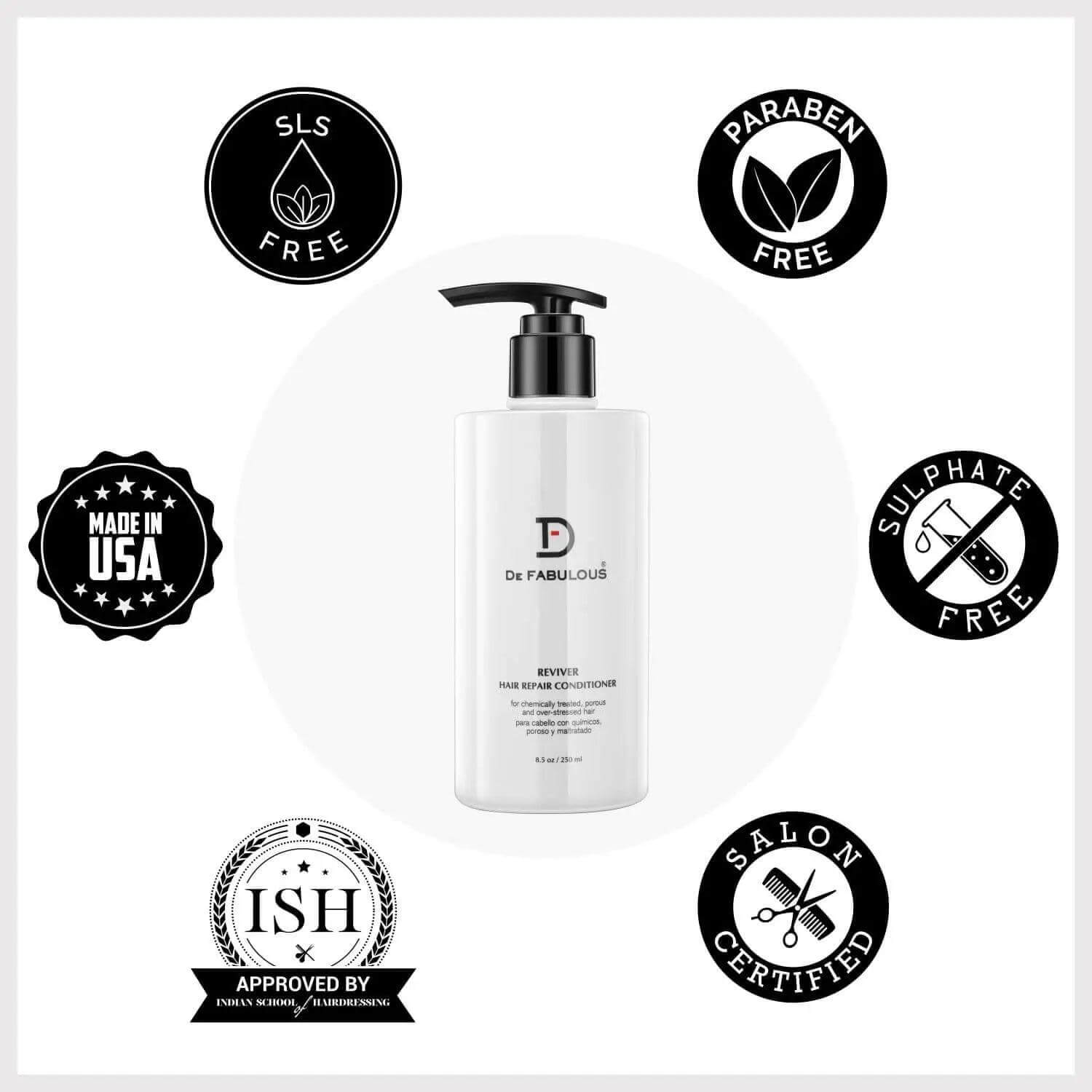 De Fabulous Reviver Hair Repair Conditioner with benefits icons like SLS-free, paraben-free, salon certified, made in USA, sulfate-free.