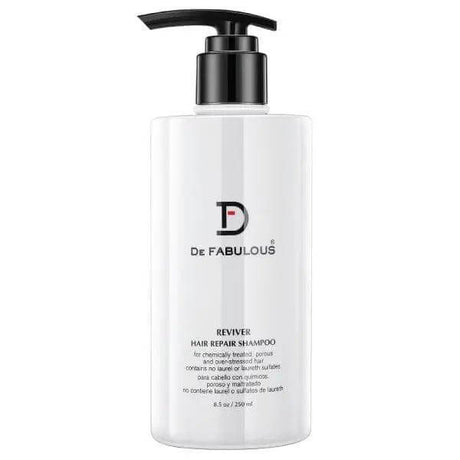 Reviver Hair Repair Shampoo bottle with vitamin E rejuvenating beads for damaged hair, by De Fabulous, enriched with natural extracts.