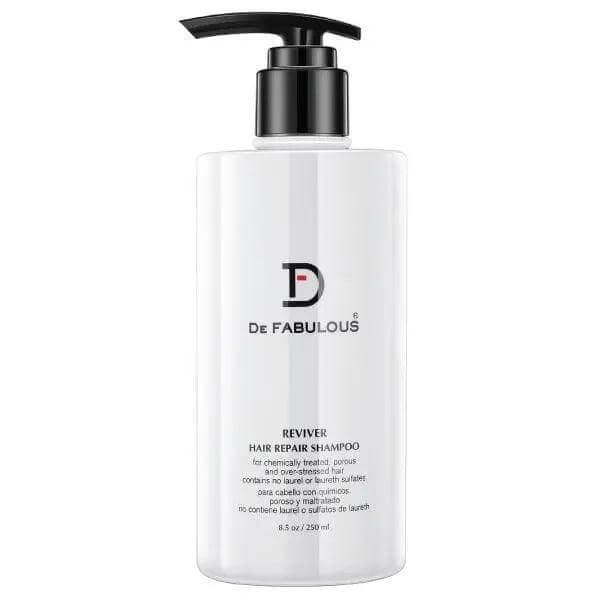 Reviver Hair Repair Shampoo bottle with vitamin E rejuvenating beads for damaged hair, by De Fabulous, enriched with natural extracts.