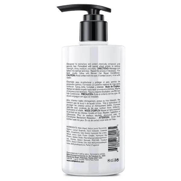 Reverse side of Reviver Hair Repair Shampoo bottle with ingredient details and usage directions.
