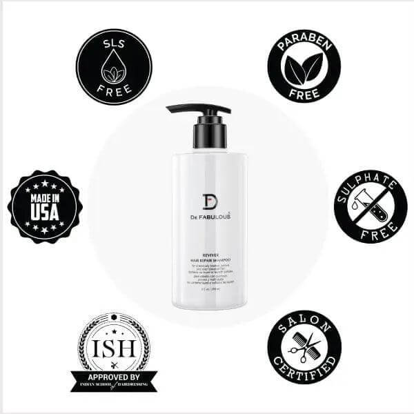 Reviver Hair Repair Shampoo with rejuvenating beads and nutrients, surrounded by badges: SLS, Paraben, Sulphate Free, Salon Certified.