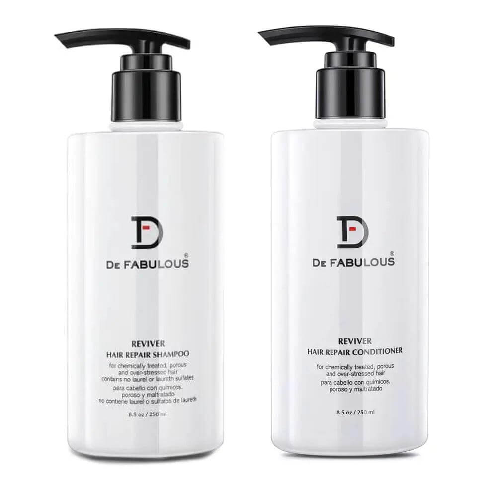 Reviver Hair Repair Shampoo and Conditioner bottles for chemically treated, porous hair with revitalizing protein complex.