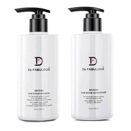 Reviver Hair Repair Shampoo and Conditioner bottles for chemically treated, porous hair with revitalizing protein complex.