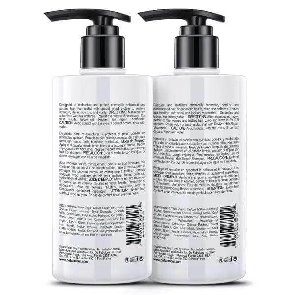 Reviver Hair Repair Shampoo and Conditioner bottles, designed to restore chemically treated hair, free from sulfates, shown with ingredient labels.