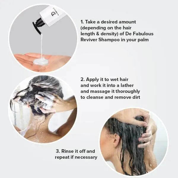 Reviver Hair Repair Shampoo application guide: dispense, lather on wet hair, rinse thoroughly for healthy, rejuvenated hair.