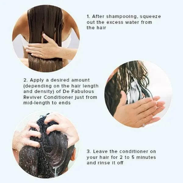 Hair conditioning steps using Reviver Conditioner for chemically treated hair: apply, leave for 2-5 mins, rinse; boosts health and manageability.