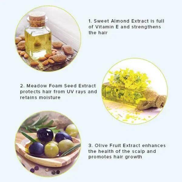 Natural ingredients for hair care: Sweet Almond Extract, Meadow Foam Seed, Olive Fruit Extract for strengthening and promoting growth.
