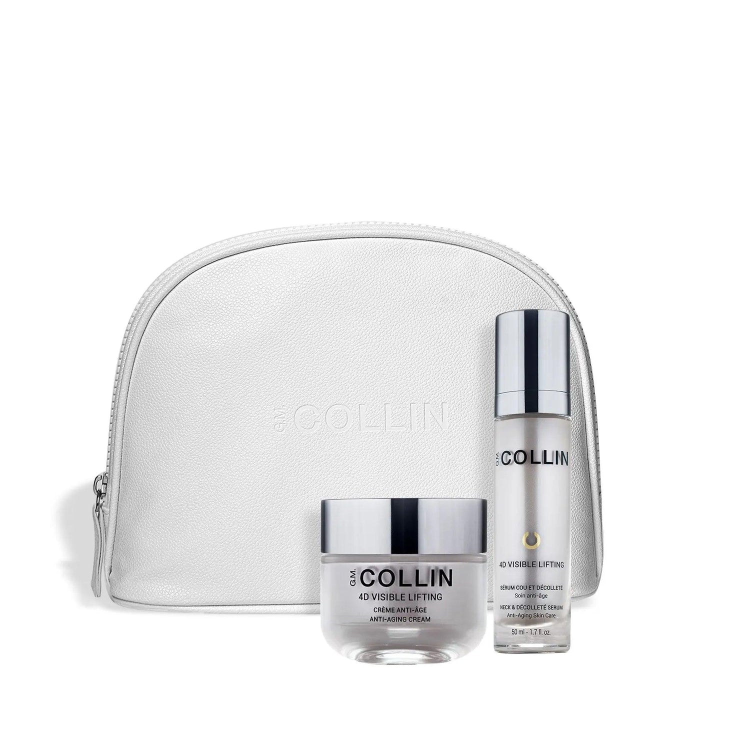 G.M. COLLIN 4D Visible Lifting contouring duo for neck, décolleté, and face; includes cream and serum with stylish case.