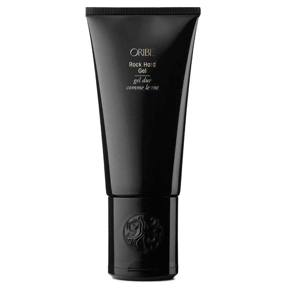Rock Hard Gel tube offering firm hold, shine, and UV protection for colored or natural hair with slicked-back or tousled styles.