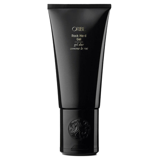 Rock Hard Gel tube offering firm hold, shine, and UV protection for colored or natural hair with slicked-back or tousled styles.