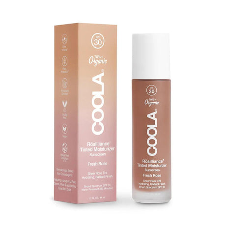 Rōsilliance Tinted Moisturizer Sunscreen SPF 30 in Fresh Rose with packaging, organic, hydrating cream for radiant, protected skin.