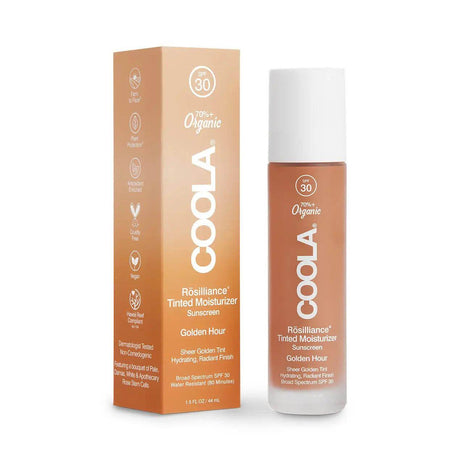 Rōsilliance Tinted Moisturizer Organic Sunscreen SPF 30 in Golden Hour, enhancing natural glow with rose stem cells and mineral protection.