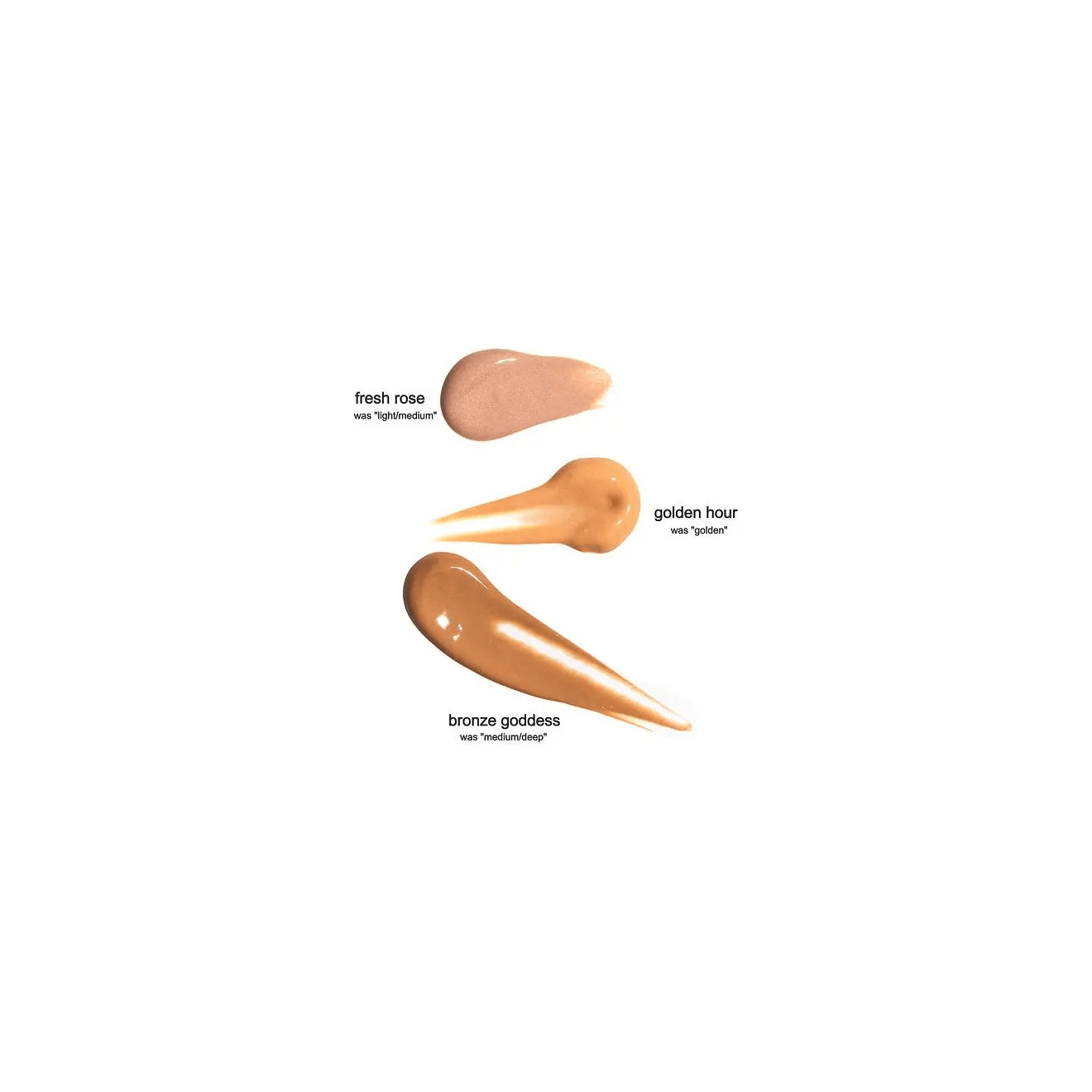 Three swatches of tinted moisturizer SPF 30 in shades: Fresh Rose, Golden Hour, Bronze Goddess. Creamy texture displayed on white background.