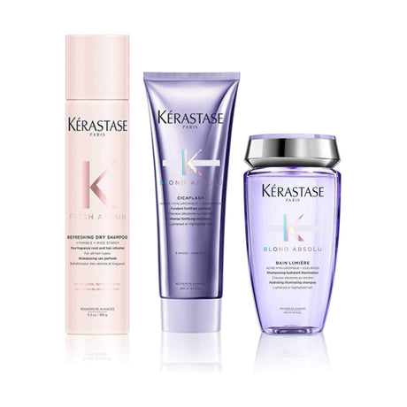 Kérastase Blond Absolu set with Bain Lumière shampoo and Fresh Affair dry shampoo for blonde and bleached hair care.