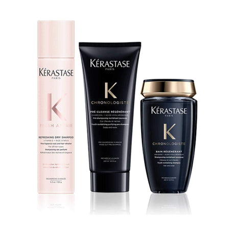 Kerastase Chronologiste and Fresh Affair Dry Shampoo set, includes revitalizing pre-shampoo and scalp exfoliator with charcoal.